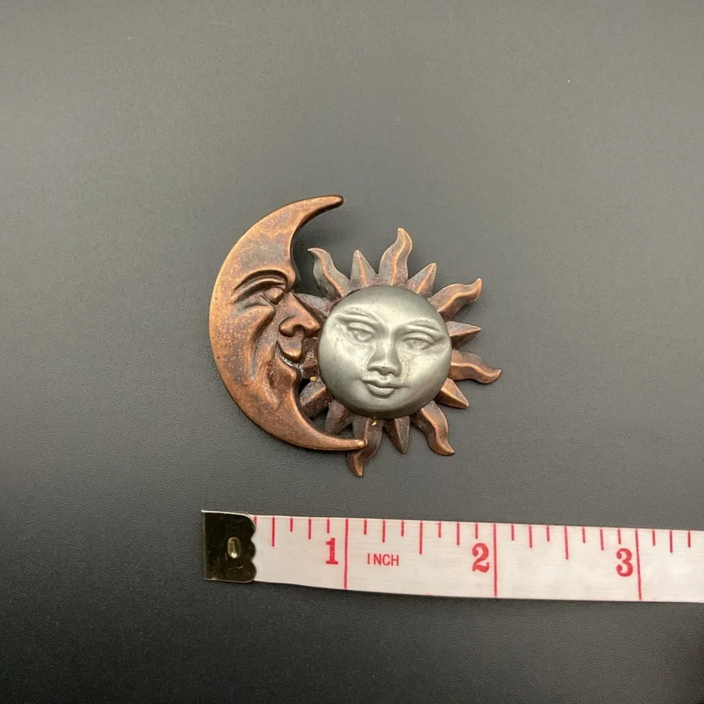 Vintage Crescent Moon and Sun Copper and Pewter Tone Brooch Boho Astrology